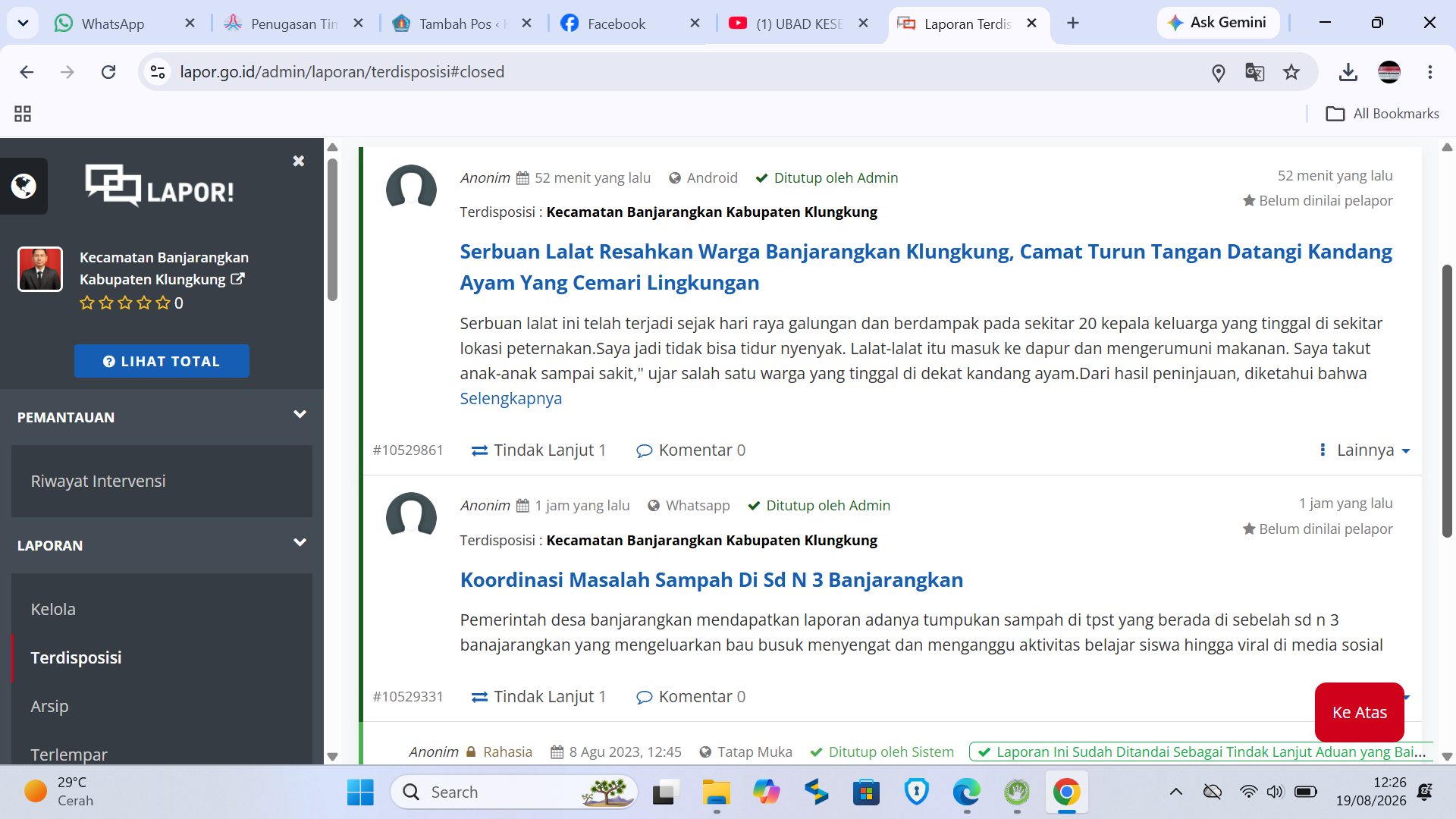 Screenshot Laporan Pengaduan Masyarakat yang sudah ditindaklanjuti Pada Aplikasi Sp4m Lapor